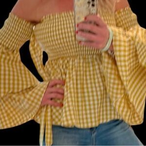 Caroline Constas off the shoulder smocked body ruffle sleeves top boho NWOT L